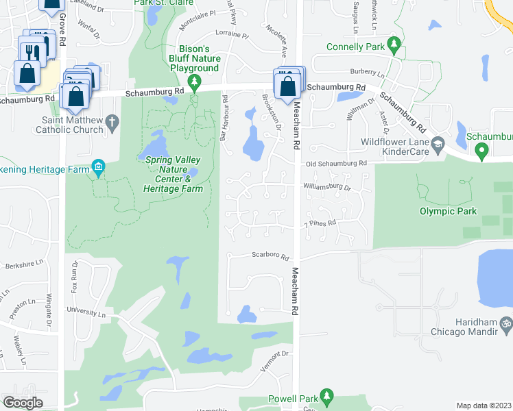 map of restaurants, bars, coffee shops, grocery stores, and more near 324 Oak Meadow Court in Schaumburg