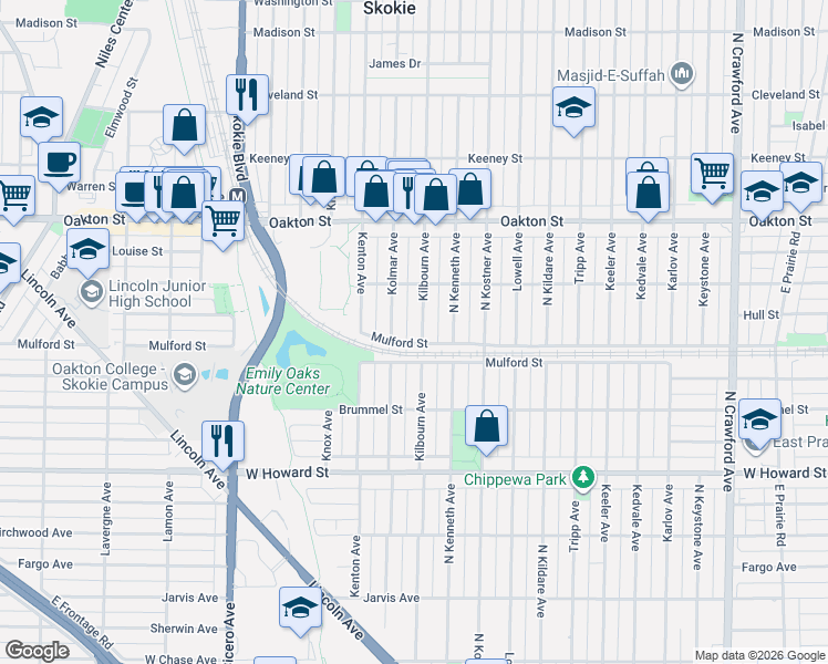 map of restaurants, bars, coffee shops, grocery stores, and more near 7752 Kilbourn Avenue in Skokie