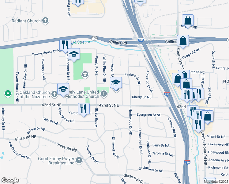 map of restaurants, bars, coffee shops, grocery stores, and more near 4343 Marilyn Drive Northeast in Cedar Rapids