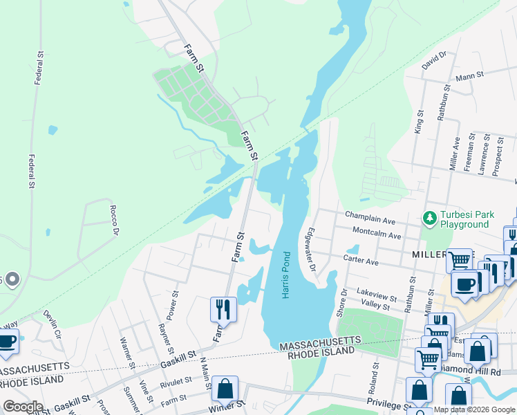map of restaurants, bars, coffee shops, grocery stores, and more near 35 Paul Drive in Blackstone