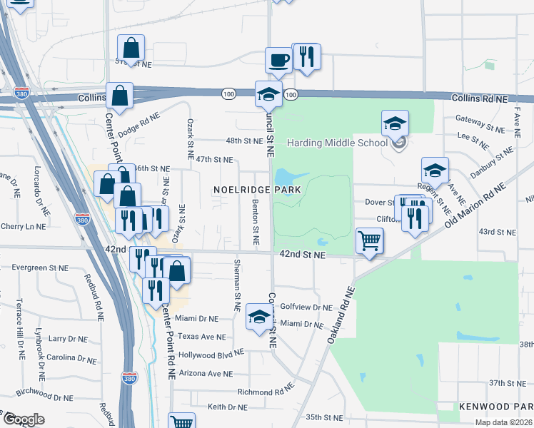 map of restaurants, bars, coffee shops, grocery stores, and more near 4300 Benton Street Northeast in Cedar Rapids