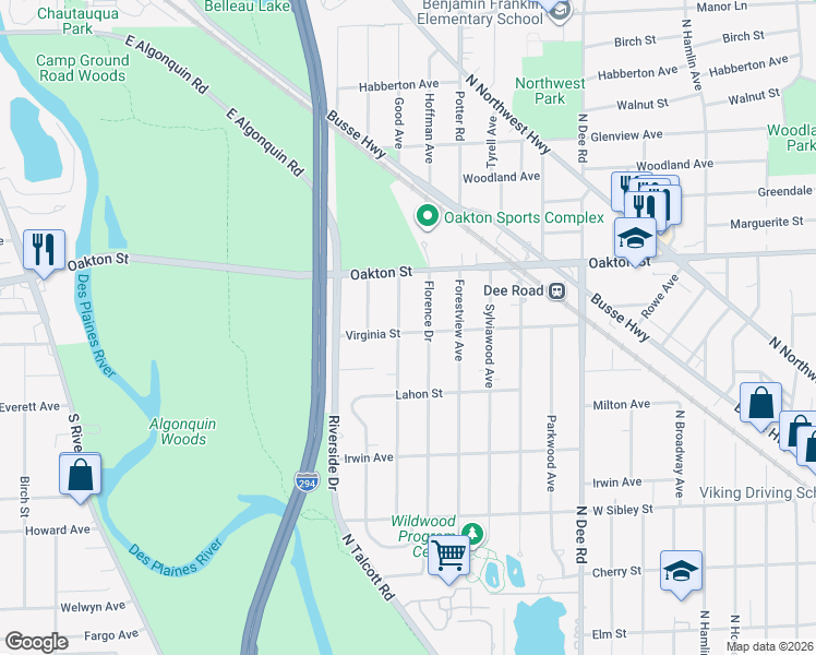 map of restaurants, bars, coffee shops, grocery stores, and more near 836 Goodwin Drive in Park Ridge