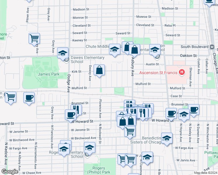 map of restaurants, bars, coffee shops, grocery stores, and more near 1426 Mulford Street in Evanston
