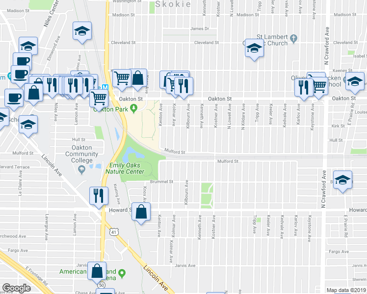 map of restaurants, bars, coffee shops, grocery stores, and more near 7752 Kilbourn Avenue in Skokie