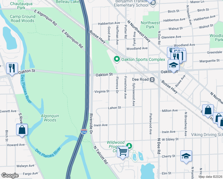 map of restaurants, bars, coffee shops, grocery stores, and more near 836 Goodwin Drive in Park Ridge