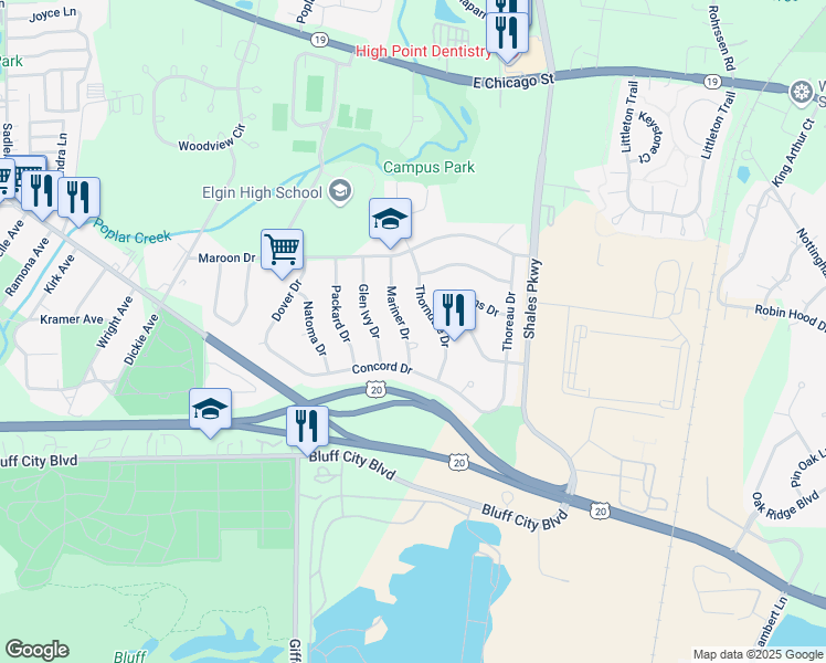 map of restaurants, bars, coffee shops, grocery stores, and more near 711 Mariner Court in Elgin