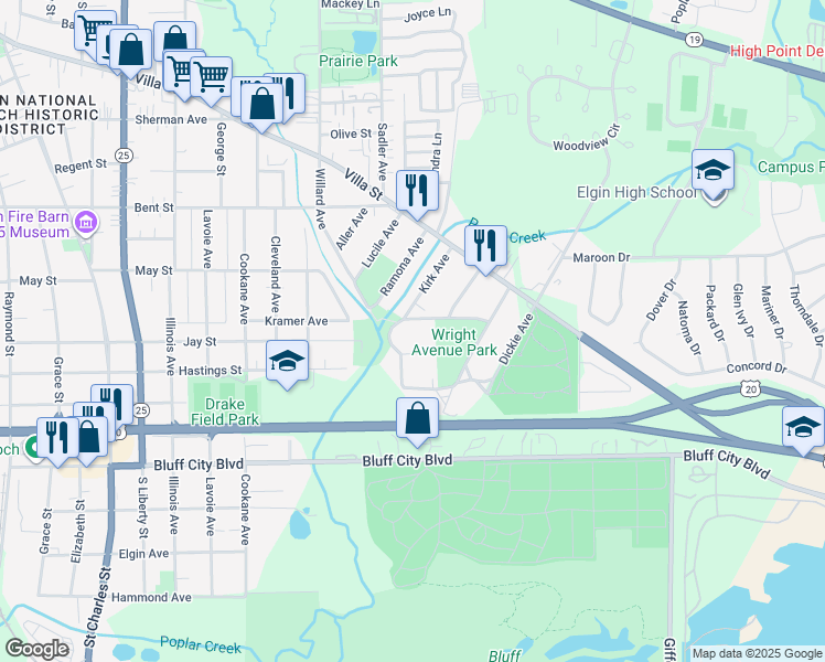 map of restaurants, bars, coffee shops, grocery stores, and more near 912 Getty St in Elgin