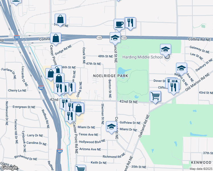 map of restaurants, bars, coffee shops, grocery stores, and more near 4300 Benton Street Northeast in Cedar Rapids