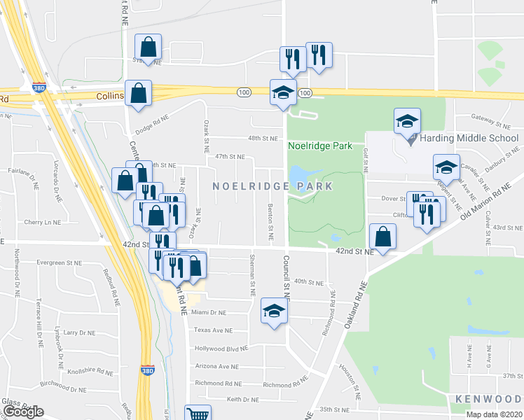 map of restaurants, bars, coffee shops, grocery stores, and more near 4300 Benton Street Northeast in Cedar Rapids