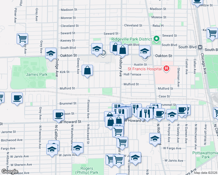 map of restaurants, bars, coffee shops, grocery stores, and more near Mulford Street in Evanston