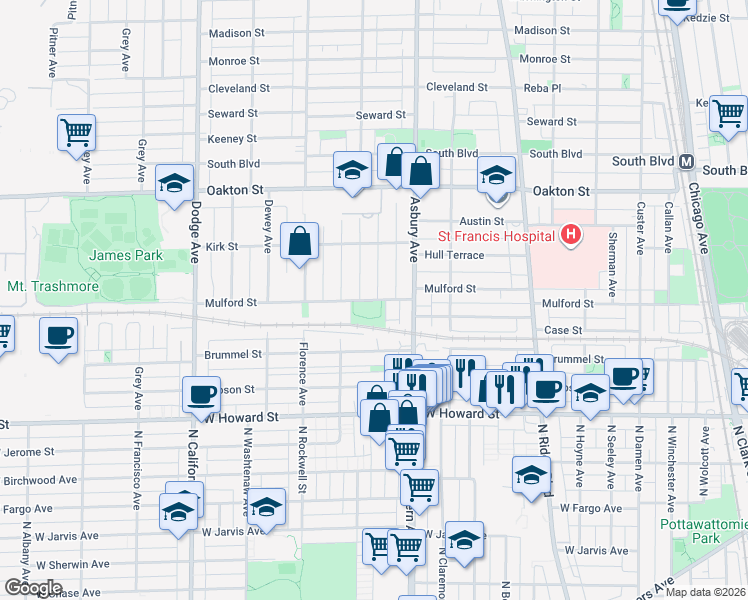 map of restaurants, bars, coffee shops, grocery stores, and more near Mulford Street in Evanston