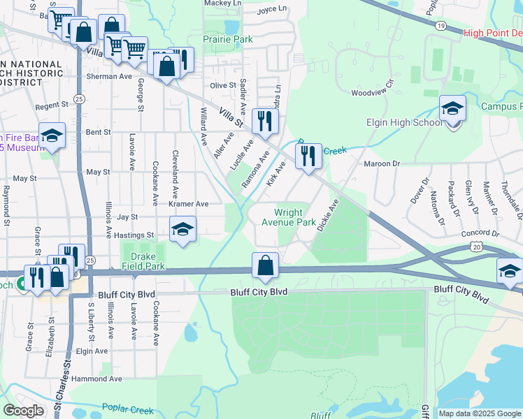 map of restaurants, bars, coffee shops, grocery stores, and more near 912 Getty St in Elgin
