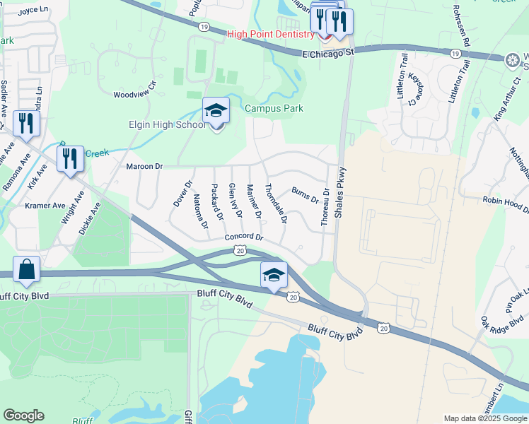 map of restaurants, bars, coffee shops, grocery stores, and more near 711 Mariner Court in Elgin
