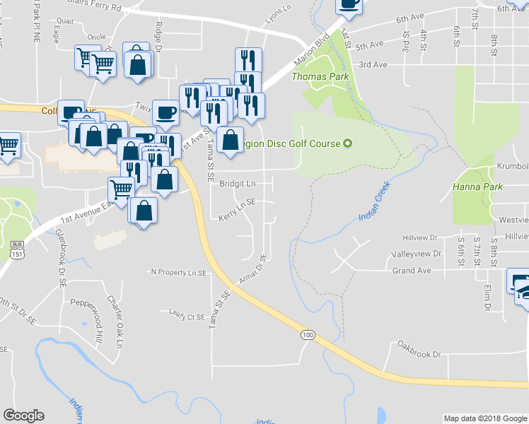 map of restaurants, bars, coffee shops, grocery stores, and more near 4534 Armar Drive Southeast in Cedar Rapids