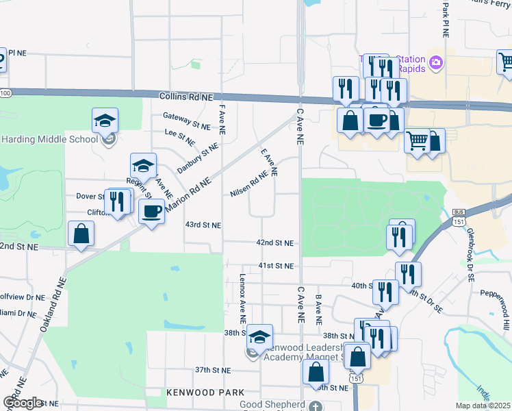 map of restaurants, bars, coffee shops, grocery stores, and more near 4200-4298 E Ave NE in Cedar Rapids