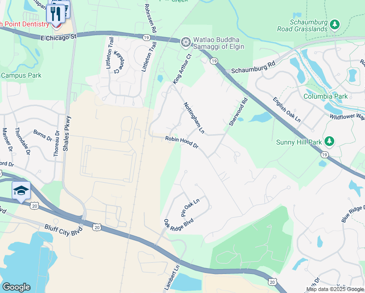 map of restaurants, bars, coffee shops, grocery stores, and more near 1217 Robin Hood Drive in Elgin