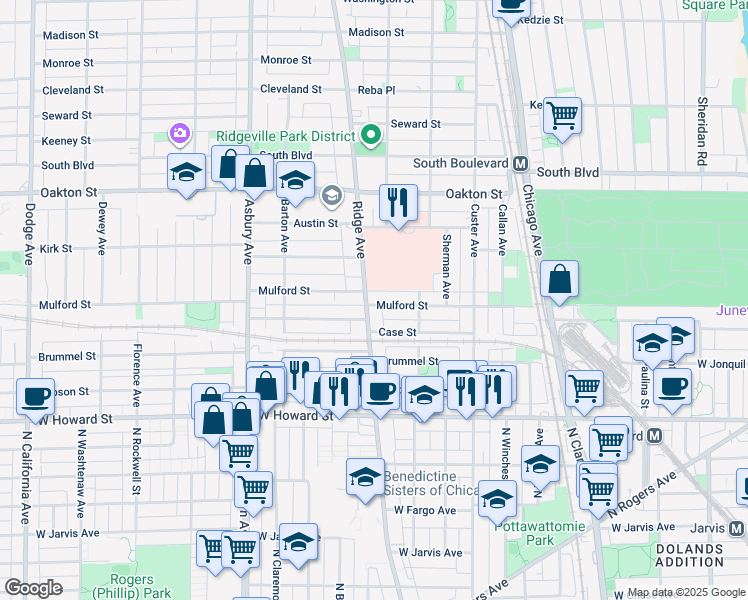 map of restaurants, bars, coffee shops, grocery stores, and more near 825 Case Street in Evanston