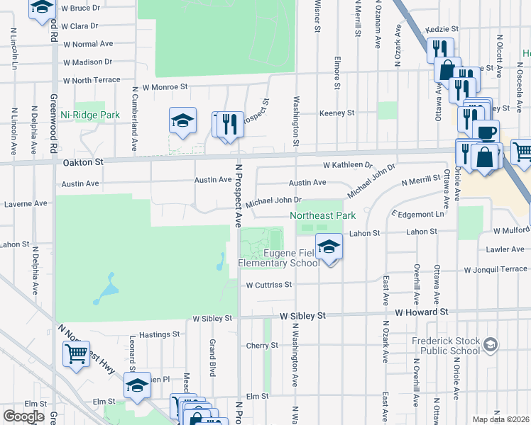 map of restaurants, bars, coffee shops, grocery stores, and more near 371 Edgemont Lane in Park Ridge