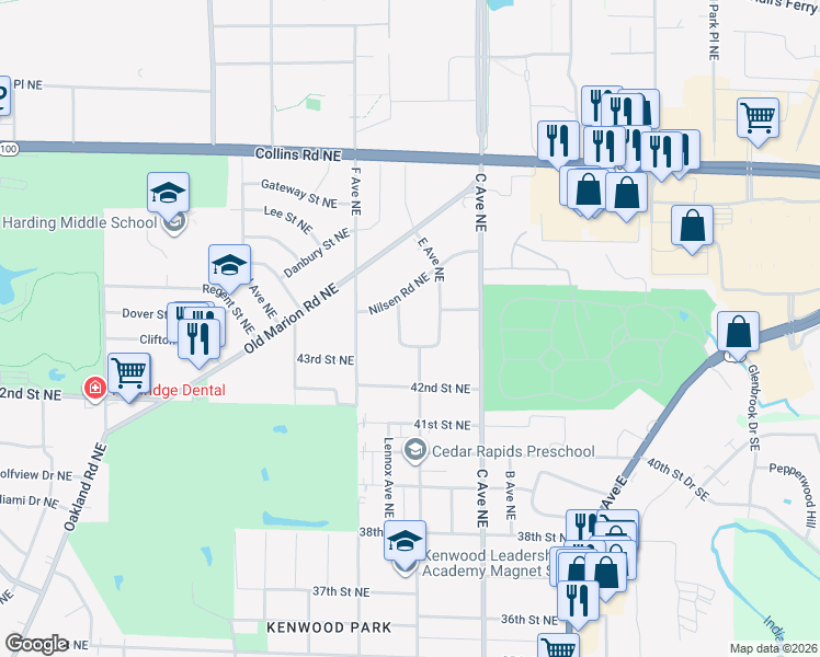 map of restaurants, bars, coffee shops, grocery stores, and more near 4200-4298 E Ave NE in Cedar Rapids