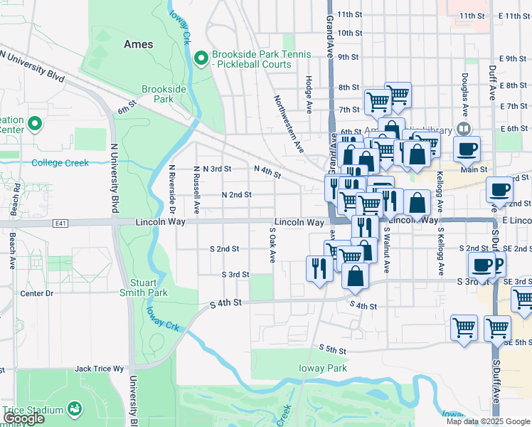map of restaurants, bars, coffee shops, grocery stores, and more near 1006 Lincoln Way in Ames