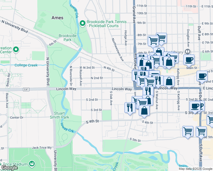 map of restaurants, bars, coffee shops, grocery stores, and more near 1006 Lincoln Way in Ames