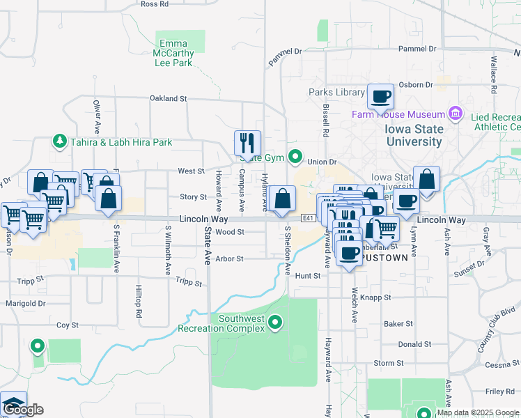 map of restaurants, bars, coffee shops, grocery stores, and more near 112 South Hyland Avenue in Ames