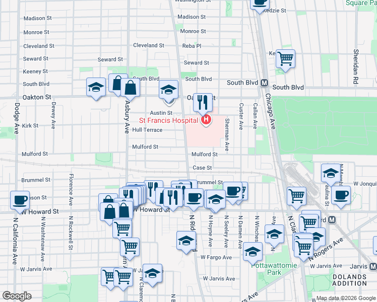map of restaurants, bars, coffee shops, grocery stores, and more near 960 Harvard Terrace in Evanston