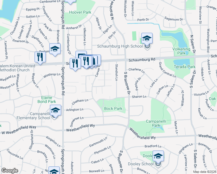 map of restaurants, bars, coffee shops, grocery stores, and more near 122 Cotuit Court in Schaumburg
