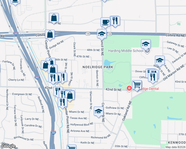 map of restaurants, bars, coffee shops, grocery stores, and more near 4400 Sherman Street Northeast in Cedar Rapids