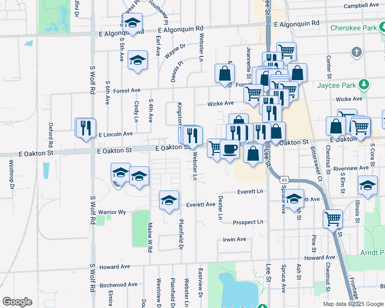 map of restaurants, bars, coffee shops, grocery stores, and more near 1673 Webster Lane in Des Plaines