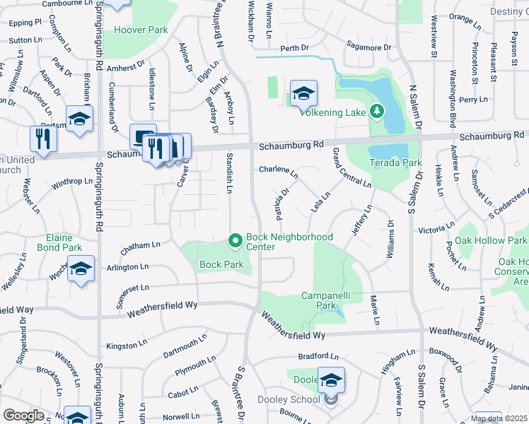 map of restaurants, bars, coffee shops, grocery stores, and more near 204 Patricia Drive in Schaumburg