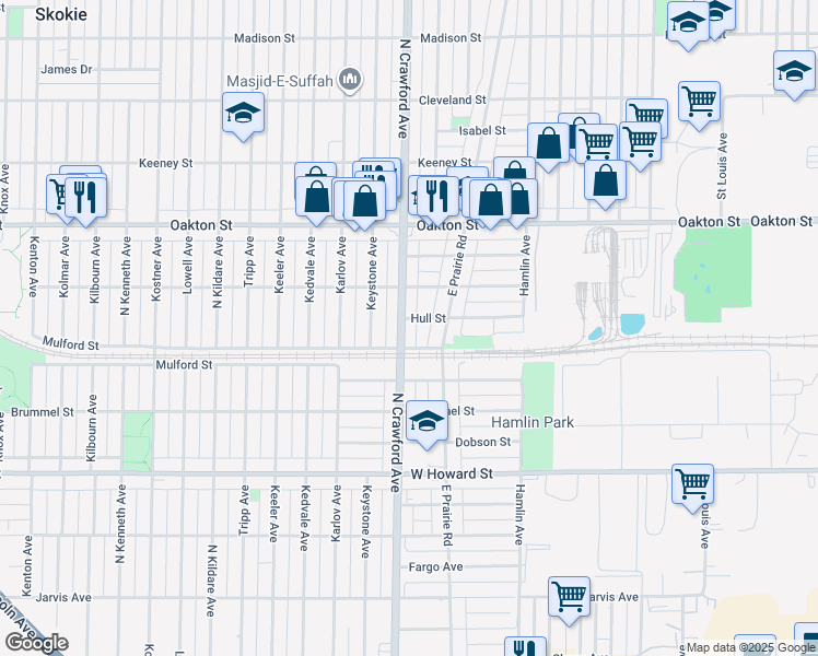 map of restaurants, bars, coffee shops, grocery stores, and more near 7821 Crawford Avenue in Skokie