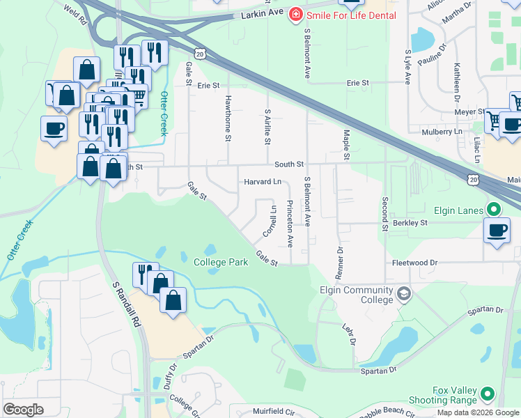 map of restaurants, bars, coffee shops, grocery stores, and more near 379 Purdue Lane in Elgin
