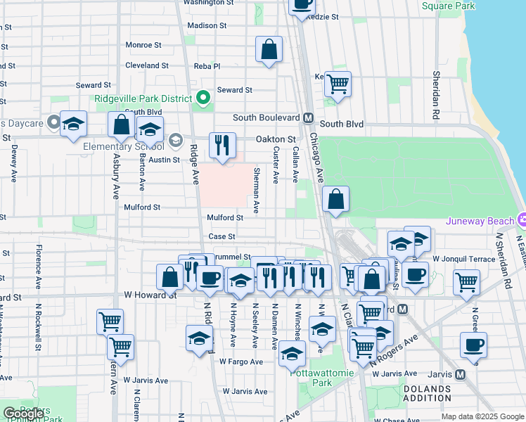 map of restaurants, bars, coffee shops, grocery stores, and more near 326 Custer Avenue in Evanston