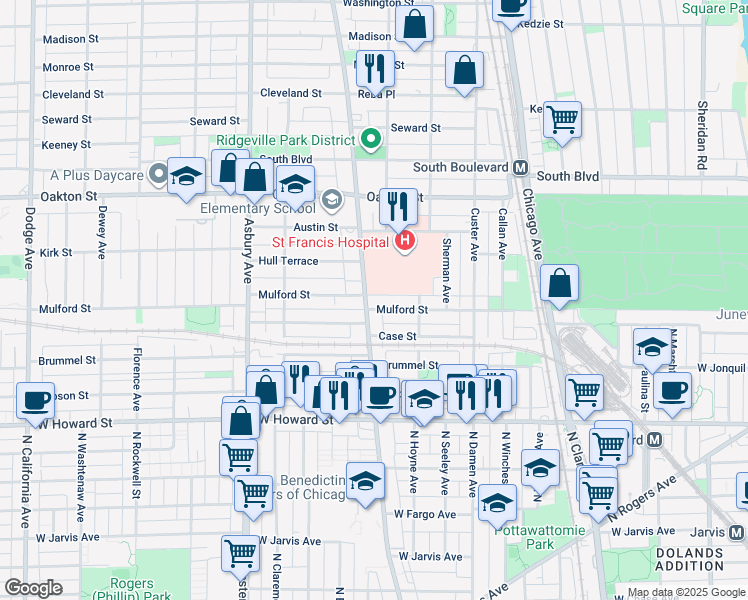 map of restaurants, bars, coffee shops, grocery stores, and more near Unnamed Road in Evanston