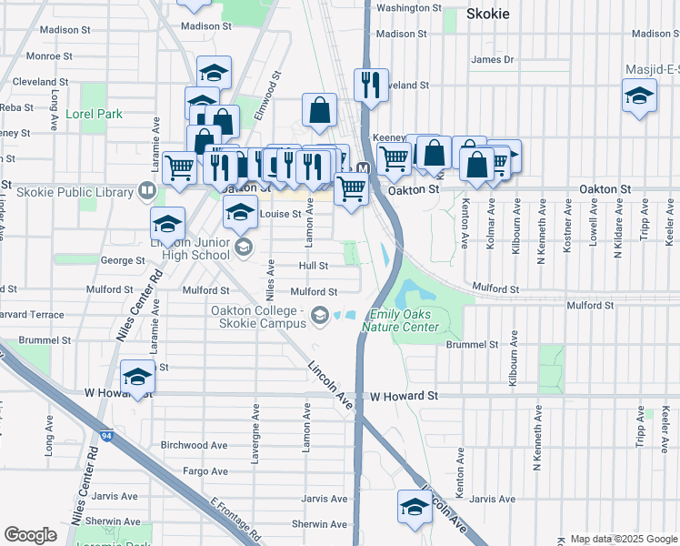map of restaurants, bars, coffee shops, grocery stores, and more near 4820 Hull Street in Skokie