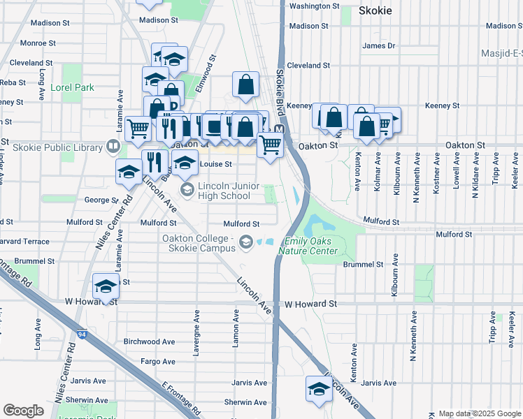 map of restaurants, bars, coffee shops, grocery stores, and more near 4820 Hull Street in Skokie