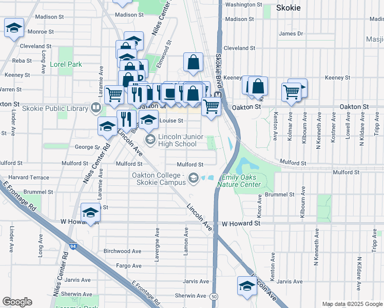 map of restaurants, bars, coffee shops, grocery stores, and more near 4856 Hull Street in Skokie