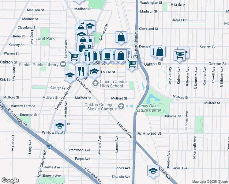 map of restaurants, bars, coffee shops, grocery stores, and more near 4856 Hull Street in Skokie