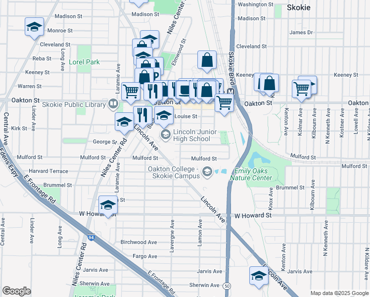 map of restaurants, bars, coffee shops, grocery stores, and more near 7835 Niles Avenue in Skokie