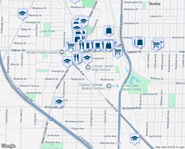 map of restaurants, bars, coffee shops, grocery stores, and more near 7823 Lincoln Avenue in Skokie
