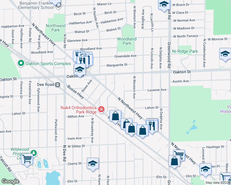 map of restaurants, bars, coffee shops, grocery stores, and more near 922 Tomawadee Drive in Park Ridge