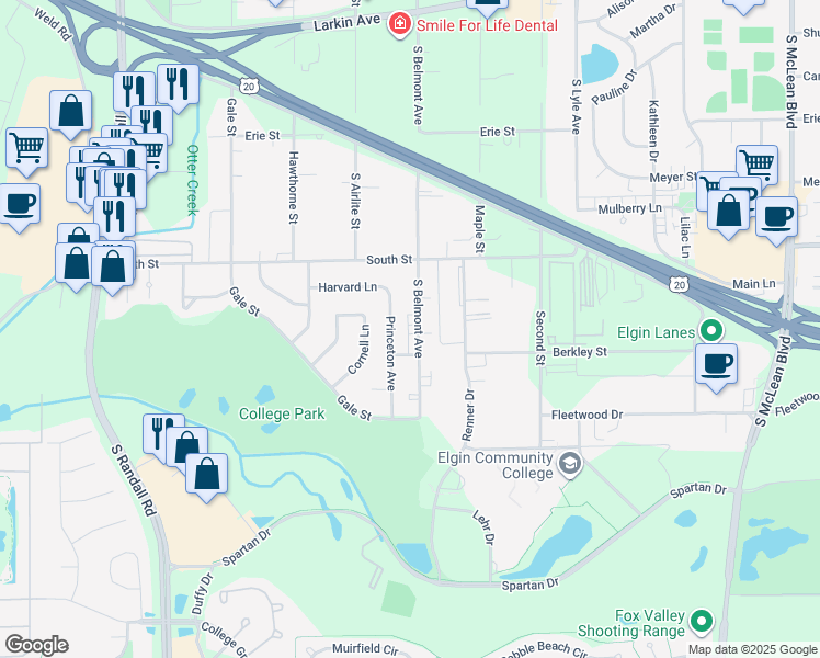 map of restaurants, bars, coffee shops, grocery stores, and more near 351 Princeton Avenue in Elgin