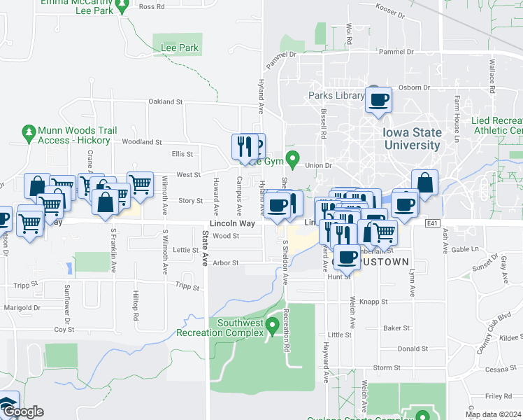 map of restaurants, bars, coffee shops, grocery stores, and more near 134 North Hyland Avenue in Ames