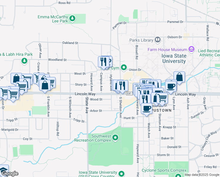 map of restaurants, bars, coffee shops, grocery stores, and more near 134 North Hyland Avenue in Ames