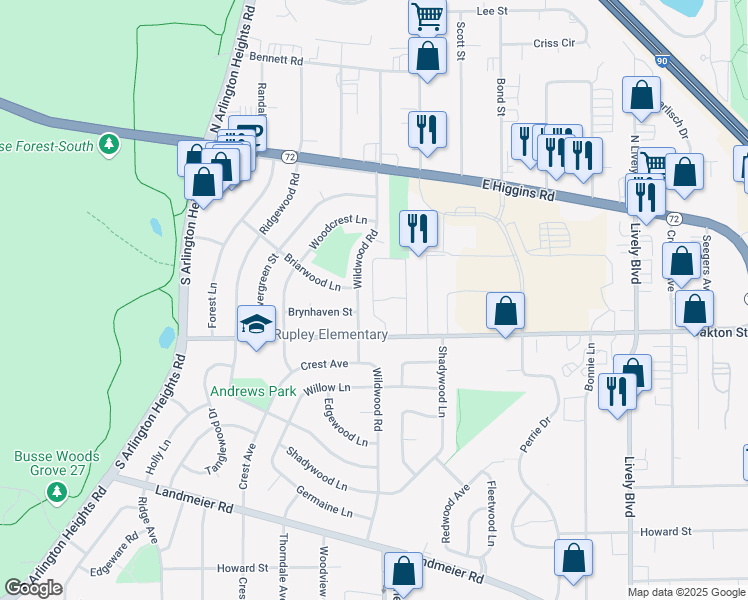 map of restaurants, bars, coffee shops, grocery stores, and more near Carroll Square in Elk Grove Village