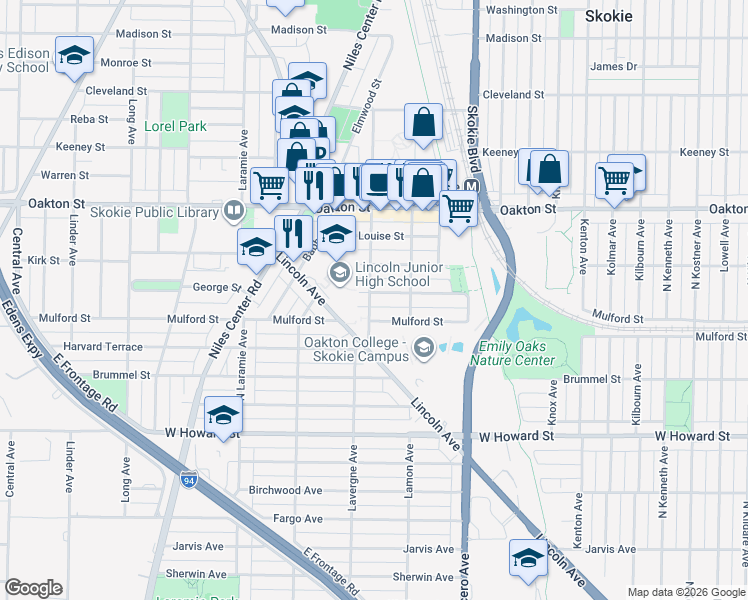 map of restaurants, bars, coffee shops, grocery stores, and more near 7835 Niles Avenue in Skokie