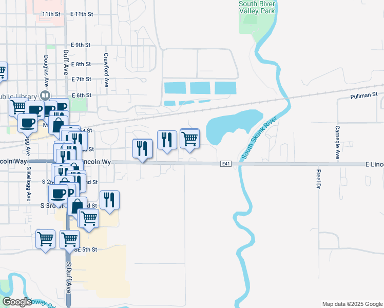 map of restaurants, bars, coffee shops, grocery stores, and more near 357-399 Sondrol Avenue in Ames