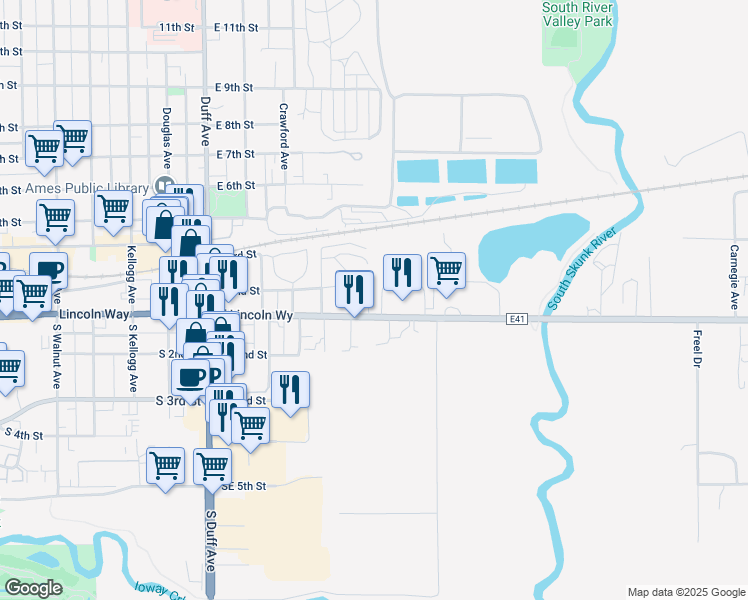 map of restaurants, bars, coffee shops, grocery stores, and more near 540 East 2nd Street in Ames