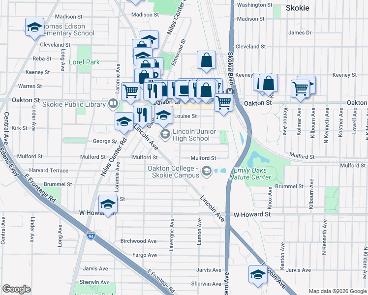 map of restaurants, bars, coffee shops, grocery stores, and more near 7835 Niles Avenue in Skokie